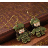 E-1145 Retro Enamel Green Military Uniform Army Lovers Uneven Dangle Earring