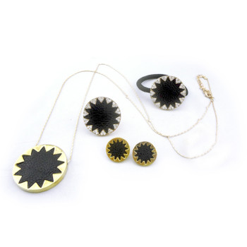 Fashion Sunflower rhinestone black Leather hairband ring earring  Necklace set