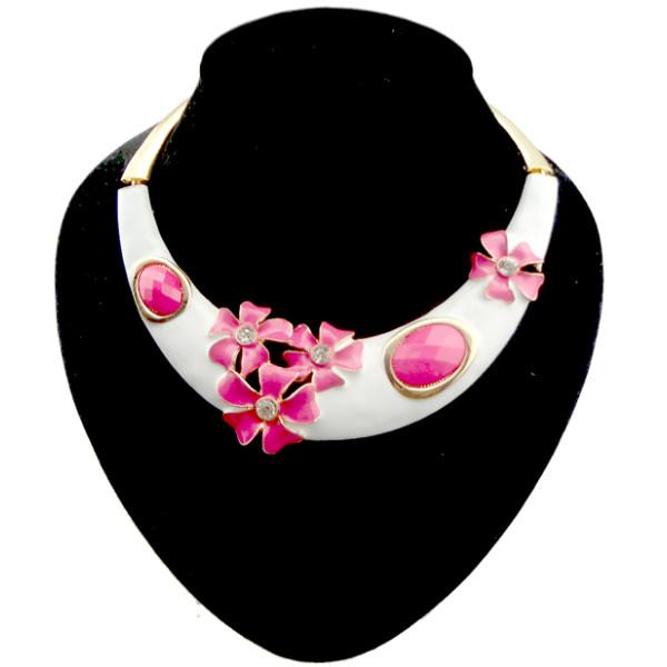 N-2026 blue and white porcelain style enamel flower rhinestone gem hoop necklace
