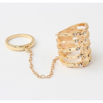 gold plated rhinestone hollow out double finger ring R-0060