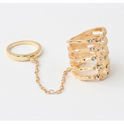 gold plated rhinestone hollow out double finger ring R-0060