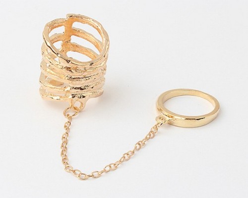 gold plated rhinestone hollow out double finger ring R-0060