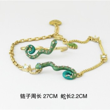 Gold Plated Rhinestone Green Snake anklet foot ring set B-0037