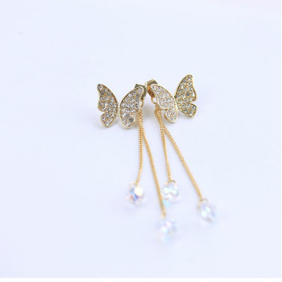 Korean Gold/gun-black Rhinestone Butterfly Crystal Long Tassel Ear Stud Earrings E-1093