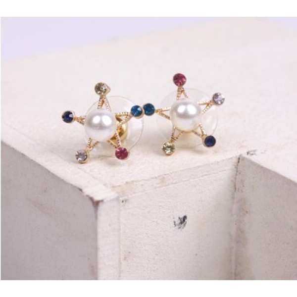 New Colorful Rhinestone Pearl Five-pointed Star Ear Stud Earrings E-1583