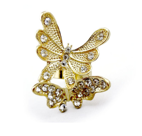 New Rhinestone Metal Gold/Silver Double Butterfly Ring Adjustable Size R-0209