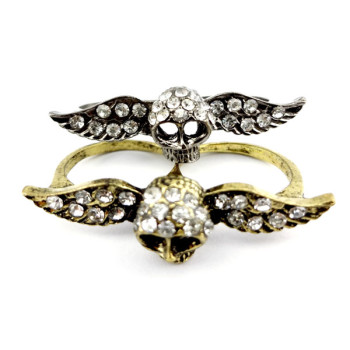 Wholesale 2 pieces retro bronze gun black rhinestone angel wing skull  ring R-0106