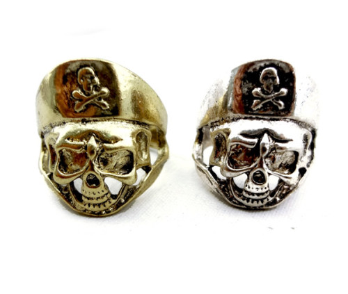 Wholesale 2 Pieces Retro Bronze Silver Skull Bone Pirate Ring #9 Size R-0006