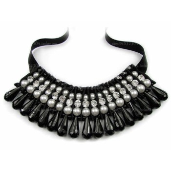 New South Korea retro pearl gem crystal silk Ribbon  Necklace N-1525