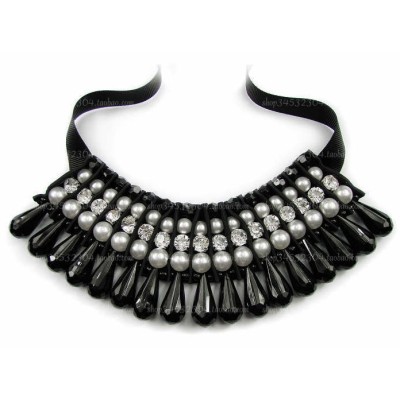 New South Korea retro pearl gem crystal silk Ribbon  Necklace N-1525