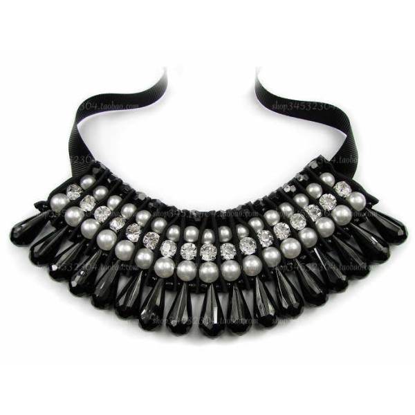 New South Korea retro pearl gem crystal silk Ribbon  Necklace N-1525
