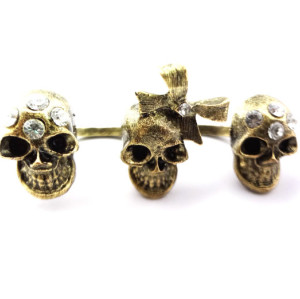 Retro Gothic Punk Bow Rhinestone Bronze  Skull Double Fingers Ring #5 #6 Size R-0044