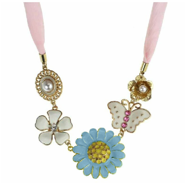 New Rhinestone Pearl Enamel Sunflower Flower Butterfly Chiffon Choker Necklace N-0012
