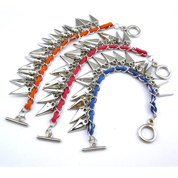 silver plated leather chain rivet tassels bracelet for thin and child B-0048