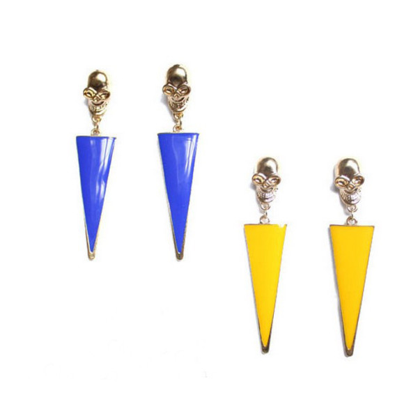Pair Vintage Style bronze metal enamel  triangle skull dangle Ear Stud E-2002