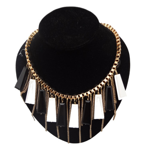 New Fashion Bohemia Gold Tone Metal Crystal Trapezoid Tassel Pendant Necklace N-1762
