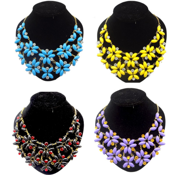 New Fashion Charming Gold Plated Metal Flower Gem Zircon Choker Beautiful Necklace N-0036