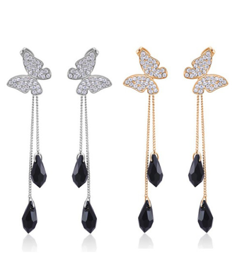 Korean Gold/gun-black Rhinestone Butterfly Crystal Long Tassel Ear Stud Earrings E-1093