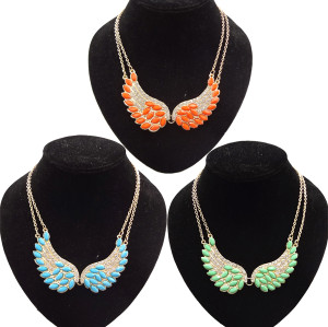 N-2764 New Fashion Lovely Gold Tone Wing Bead Feather Charming Rhinestone Double Chain Choker Bib Necklace