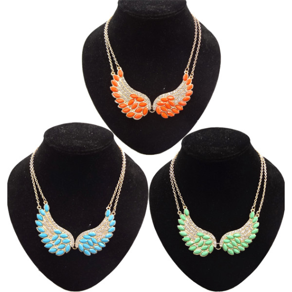 N-2764 New Fashion Lovely Gold Tone Wing Bead Feather Charming Rhinestone Double Chain Choker Bib Necklace