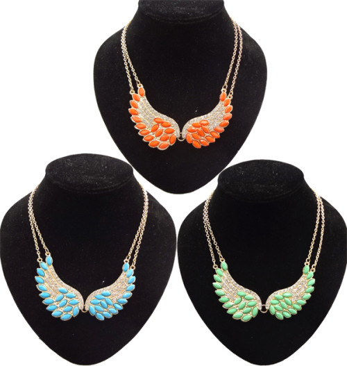 N-2764 New Fashion Lovely Gold Tone Wing Bead Feather Charming Rhinestone Double Chain Choker Bib Necklace
