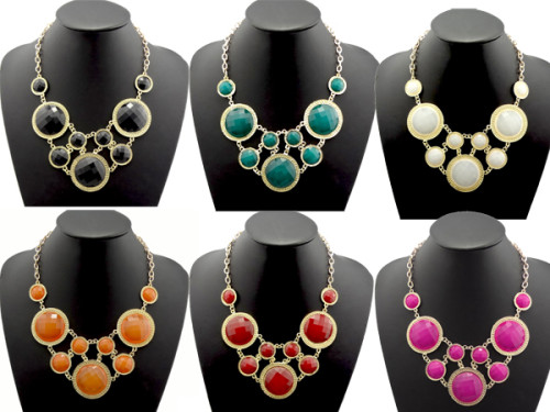 N-0767 New Resin Facets Round Crystal Charms Golden Choker Bib Necklace