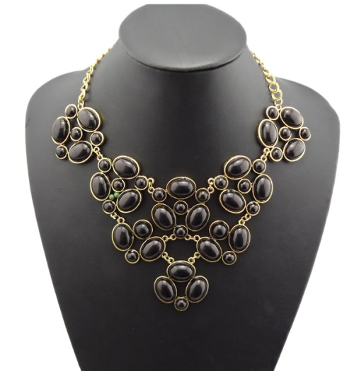 N-0794 Vintage Gold Resin Ellipse/Round Gem Choker Bib Necklace Color Choose Jewelry
