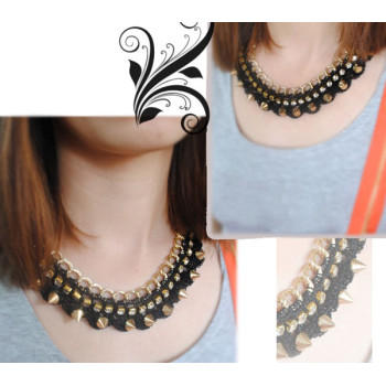 N-2047 New Arrival Fashion Gold Tone Rivet Crystal Lace Pattern Choker Bib Necklace