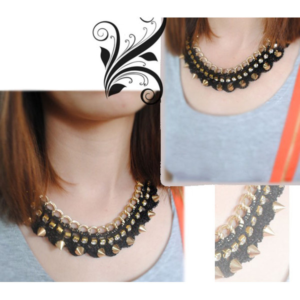 N-2047 New Arrival Fashion Gold Tone Rivet Crystal Lace Pattern Choker Bib Necklace