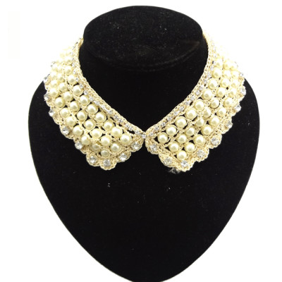 N-2068 Hot Charming Handmade Pearl Lace Flower Crystal Collar Choker Bib Necklace