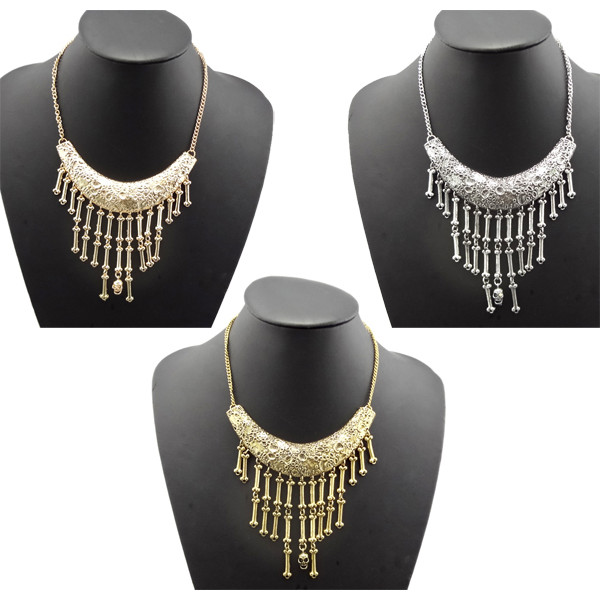 N-1876 Punk Vintage Silver/Bronze Gold Metal Bone Tassels Skull Choker Bib Necklace