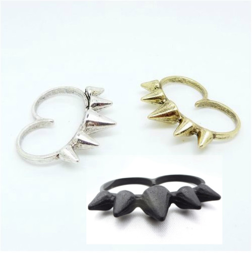R-0153 Wholesale 3Pieces Punk Vintage Silver/Gold/Black Metal Rivet Double Fingers Ring