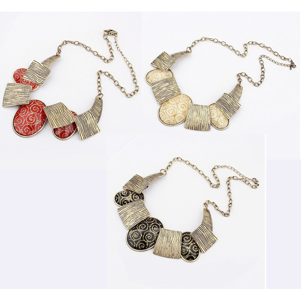 N-1016 Fashion Bronze Tone Metal Wire Print Ellipse Resin Gem Choker Necklace