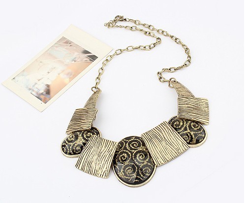 N-1016 Fashion Bronze Tone Metal Wire Print Ellipse Resin Gem Choker Necklace