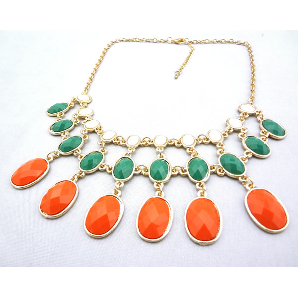 N-0796 Hot 3 Rows Facets Ellipse Resin Gem Golden Bib Statement Necklace