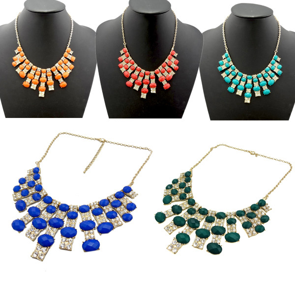 N-0278 New Golden Rhinestone Crystal Facets Gem Statement Choker Bib Necklace