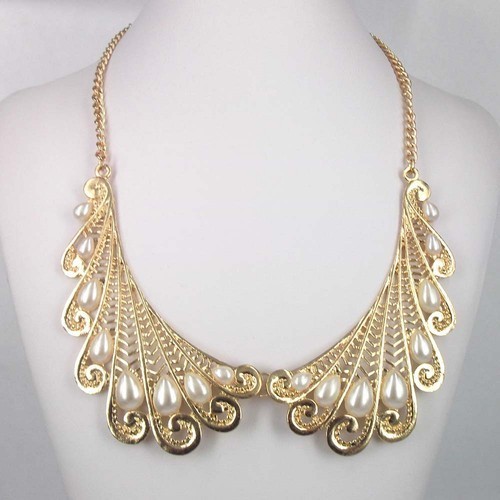 N-2813 Charming  Drop Pearl Gold Plated Metal Hollow Out Lace Fashion Choker Necklace