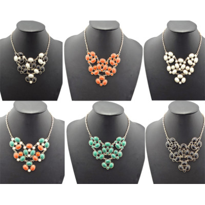 N-0797 New Facets Round/Ellipse Resin GemStone Charms Golden Choker Bib Necklace