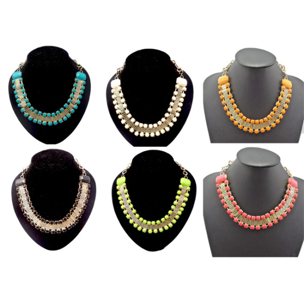 New European Style Gold Tone Metal Resin Stone Gem Choker Beautiful Bib Necklace N-0266