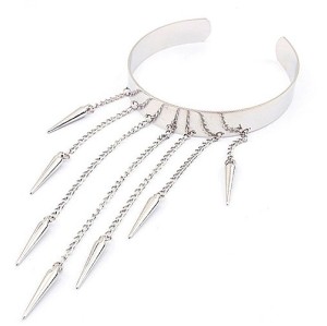 B-0149 Gothic Punk Bracelet Silver Rivet Spikes Long Chain Tassel Mirrored Cuff Bangle