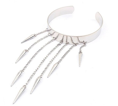 B-0149 Gothic Punk Bracelet Silver Rivet Spikes Long Chain Tassel Mirrored Cuff Bangle