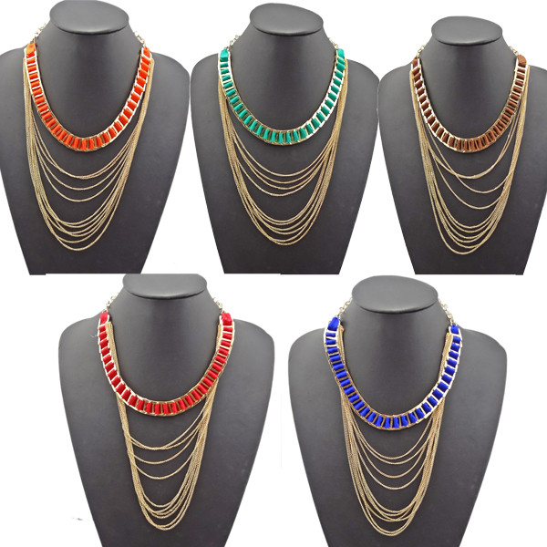 N-1029 Bohemian Stripe Ribbon Multi Strand Golded Chain Tassel Boho Choker Necklace