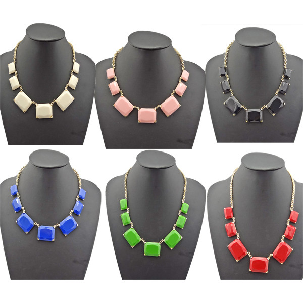 N-4587 New Facets Resin Gemstone Rectangle Golden Chunky Bib Necklace Color Choose