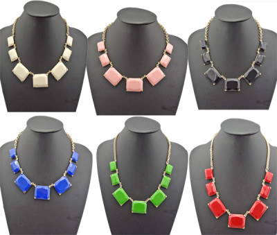 N-4587 New Facets Resin Gemstone Rectangle Golden Chunky Bib Necklace Color Choose
