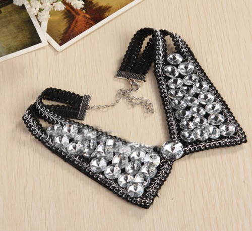 N-2256 Ladies Round Crystal Black Cotton V Sharp Choker Collar Necklace
