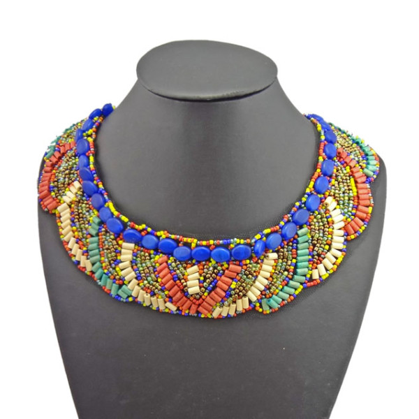 N-2253 Bohemian Multi Colors Beads Lace Pattern Choker Boho Collar Necklace