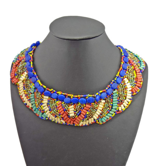 N-2253 Bohemian Multi Colors Beads Lace Pattern Choker Boho Collar Necklace