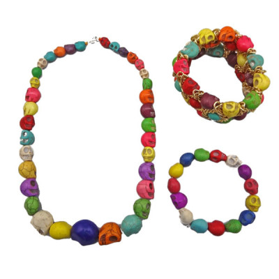 N-2864 Unique Colorful Stones Skull Charms  Choker Bib Necklace