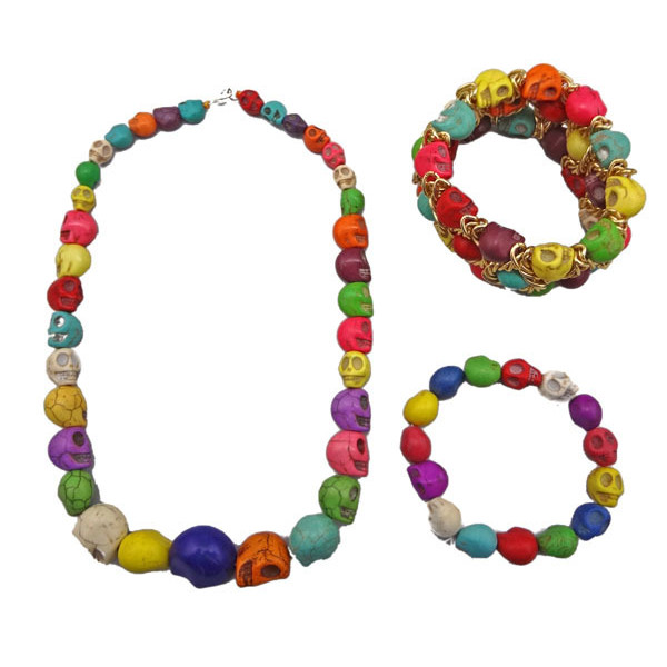 N-2864 Unique Colorful Stones Skull Charms  Choker Bib Necklace