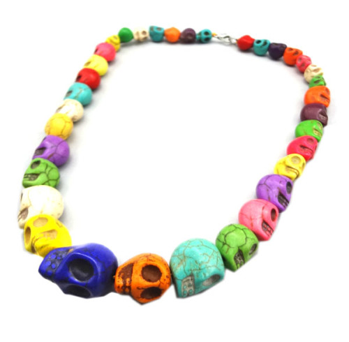 N-2864 Unique Colorful Stones Skull Charms  Choker Bib Necklace